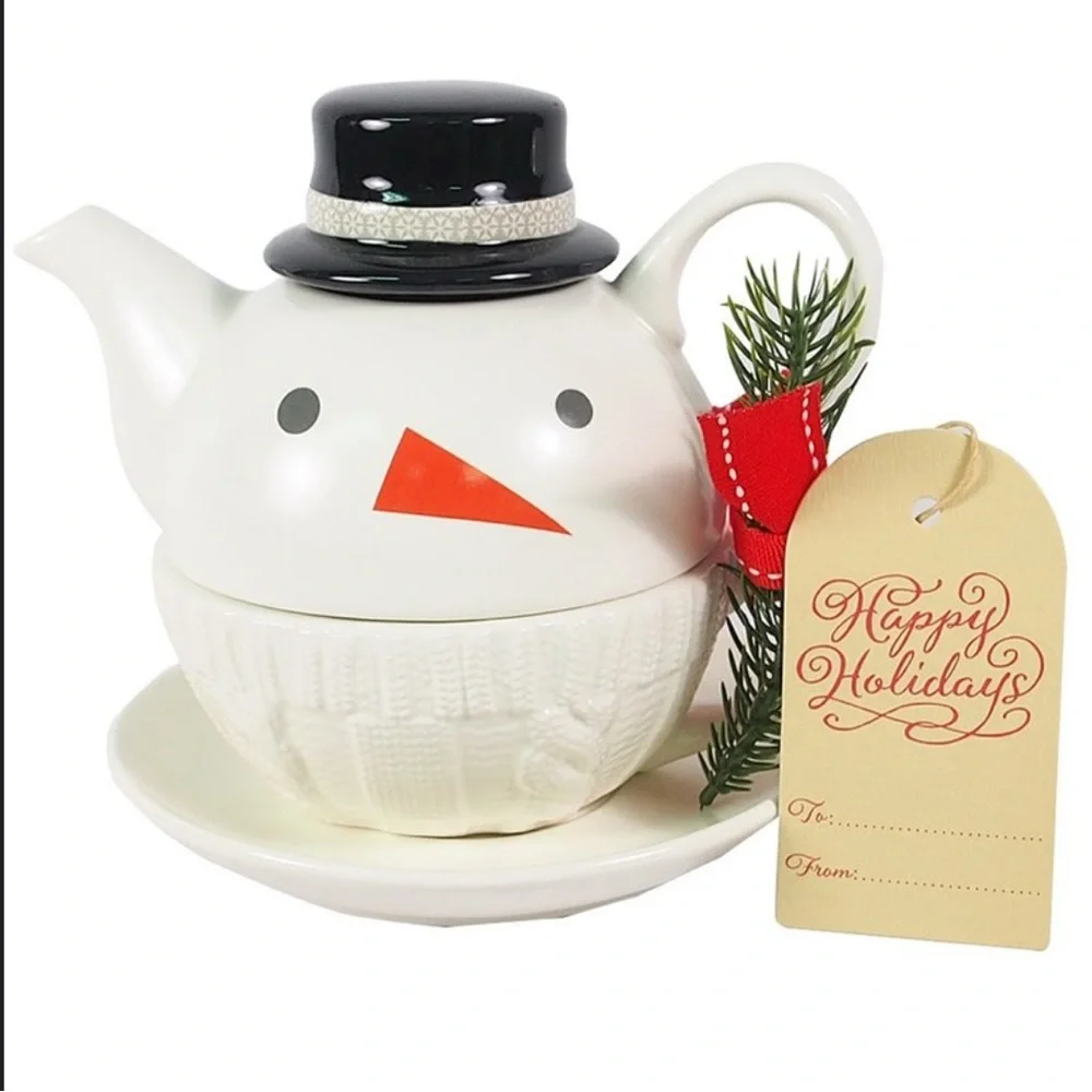 Hallmark Festive Holiday Snowman Teacup Set Collectible Microwaveable